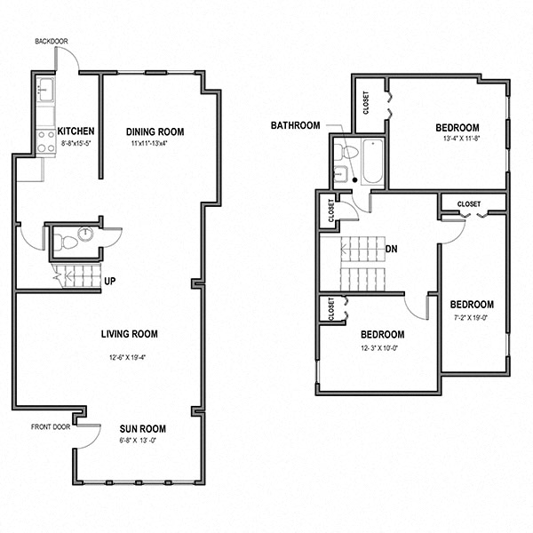 Floor plan for 3 beds, 1.5 baths, 1400 sqft